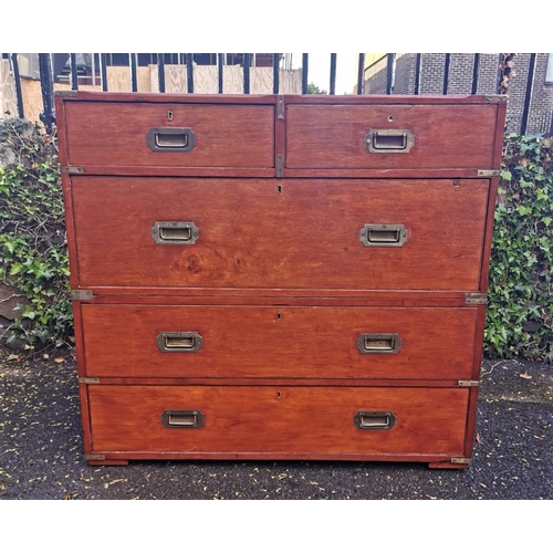 187 - A 19th century brass mounted teak campaign chest stamped Army and Naval CSL makers, in two parts, wi... 