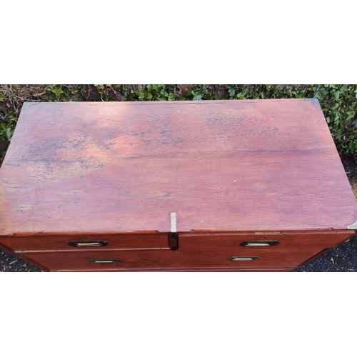 187 - A 19th century brass mounted teak campaign chest stamped Army and Naval CSL makers, in two parts, wi... 