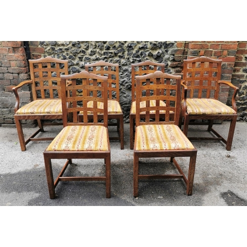 67 - A set of six mid century Heals Tilden limed oak lattice dining chairs and two armchairs, with drop i... 