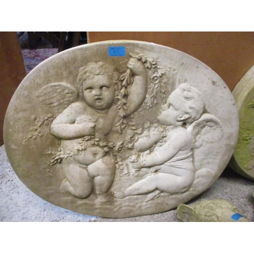 83 - A pair of composition stone garden lion masks and a pair of stone plaques
Location: G