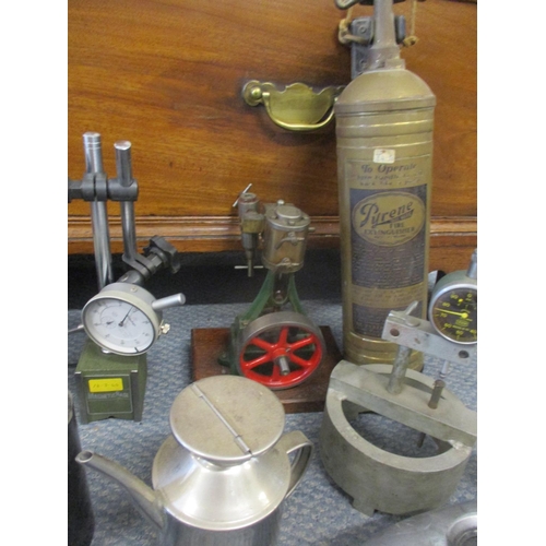 357 - Vintage garage related items and pressure gauges together with a vintage Pyrene fire extinguisher an... 