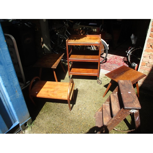 363 - Small furniture to include an oak tea trolley three occasional tables, a small step ladder, two mirr... 