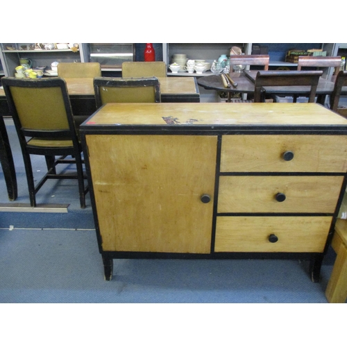 371 - A vintage multi wooden side board having ebonised frame, legs and handles together with a matching t... 