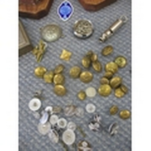 378 - A group of chrome and brass RAF buttons and badges, along with the Acme City Whistle, 3 St Christoph... 