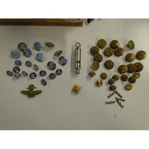 378 - A group of chrome and brass RAF buttons and badges, along with the Acme City Whistle, 3 St Christoph... 