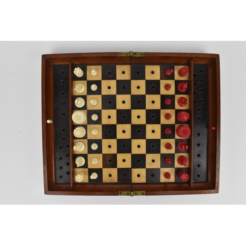 178 - A late 19th/early 20th century Jacques & Sons travelling chess set, with carved bone pieces on a mar... 