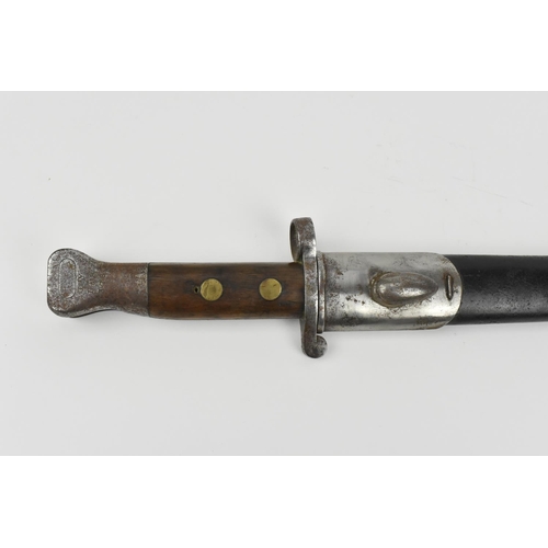 182 - A British late 19th/early 20th century MK1 Enfield bayonet, with metal mounted leather scabbard, the... 