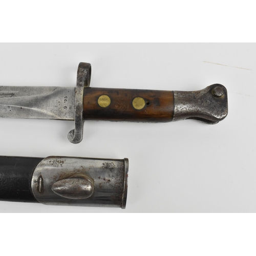 182 - A British late 19th/early 20th century MK1 Enfield bayonet, with metal mounted leather scabbard, the... 