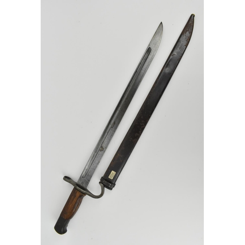 187 - A Japanese WW2 Arisaka type 30 bayonet, with original metal scabbard, with steel hook quillon and mu... 