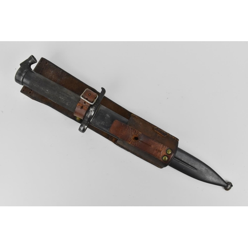 189 - A Swedish 1896 Mauser bayonet with scabbard and leather mount, marked AJAB to both pieces, the scabb... 