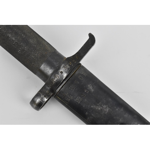 189 - A Swedish 1896 Mauser bayonet with scabbard and leather mount, marked AJAB to both pieces, the scabb... 