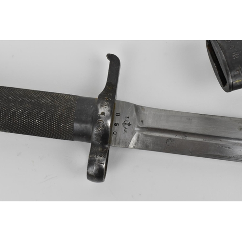 189 - A Swedish 1896 Mauser bayonet with scabbard and leather mount, marked AJAB to both pieces, the scabb... 