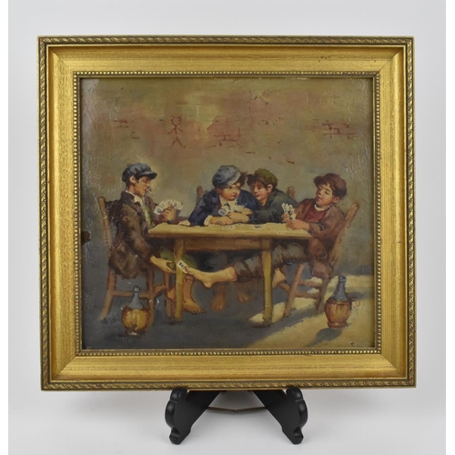 196 - A turn of the century Continental painting depicting young boys playing cards, possibly French, unsi... 