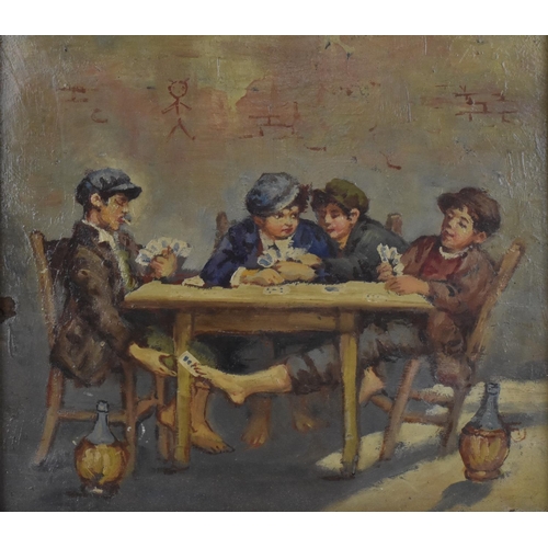 196 - A turn of the century Continental painting depicting young boys playing cards, possibly French, unsi... 