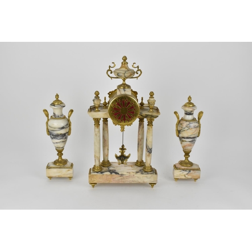 10 - A 19th century French garniture marble and gilt metal clock set, the clock with urn shaped finial, p... 