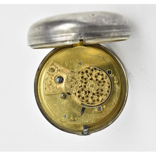 35 - A silver key wound, fusee movement, open faced pair cased pocket watch (without pair case), with a w... 