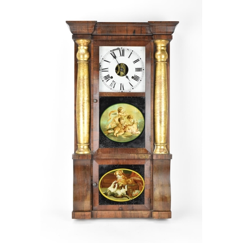 71 - A late 19th century Seth Thomas rosewood cased wall hanging clock. The dial flanked by two gilt pain... 