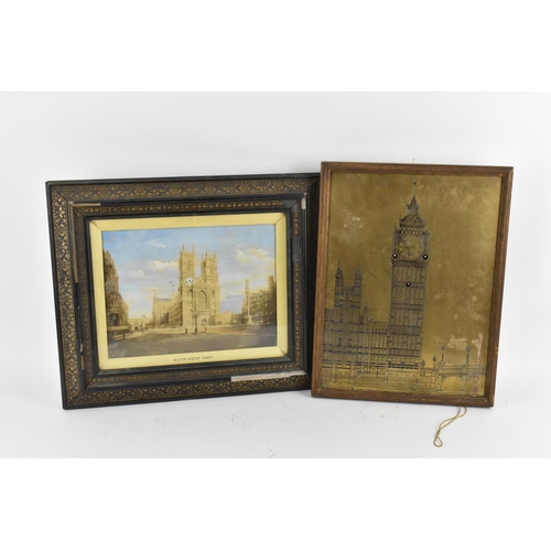 73 - Two wall hanging picture clocks to include one depicting Westminster Abbey, 37cm x 44cm and the othe... 