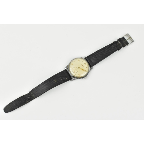 205 - A chrome gent's circa 1950, Longines Wristwatch. Having gilt hands with subsidiary seconds dial and ... 