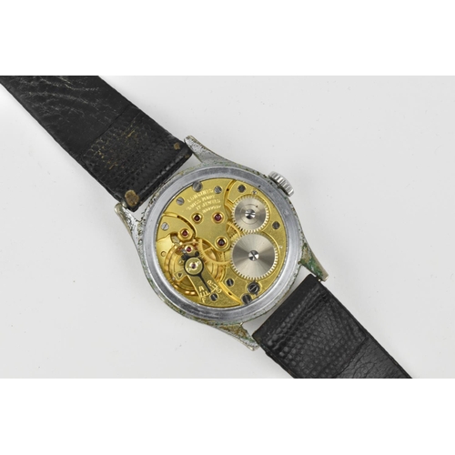 205 - A chrome gent's circa 1950, Longines Wristwatch. Having gilt hands with subsidiary seconds dial and ... 