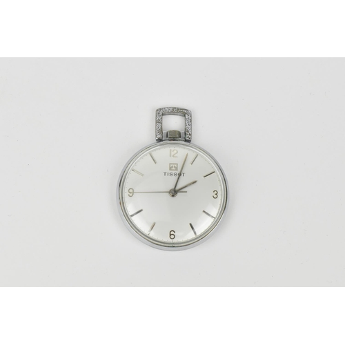 207 - A small chrome Tissot open face pocket watch. With silvered dial having baton hour markers with quar... 