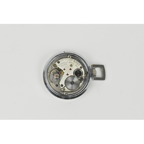 207 - A small chrome Tissot open face pocket watch. With silvered dial having baton hour markers with quar... 