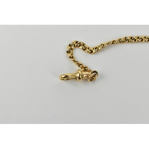 208 - A yellow metal watch chain with clip and T-bar. Stamped 15. Total weight 20.20g