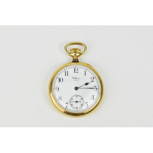 211 - A 18ct gold open faced Walthams U.S.A. Pocket watch with white enamel dial having Arabic numerals an... 