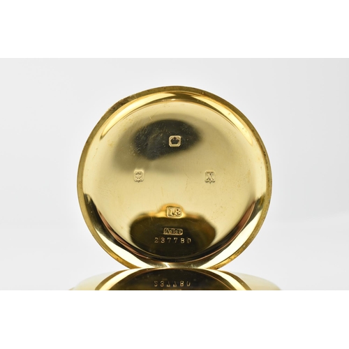 211 - A 18ct gold open faced Walthams U.S.A. Pocket watch with white enamel dial having Arabic numerals an... 