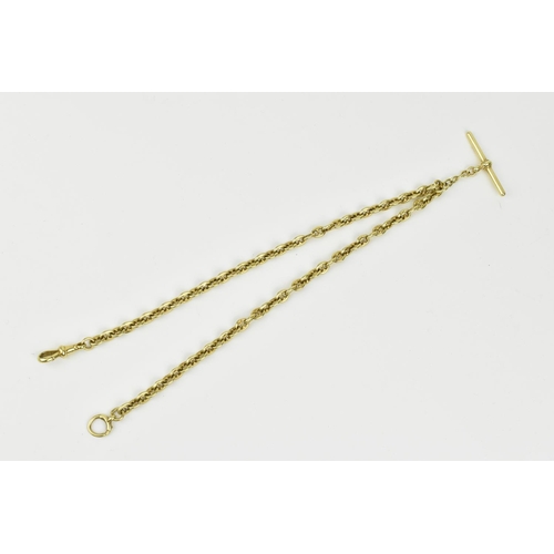 212 - A 18ct gold watch chain with T-bar. 49.30g