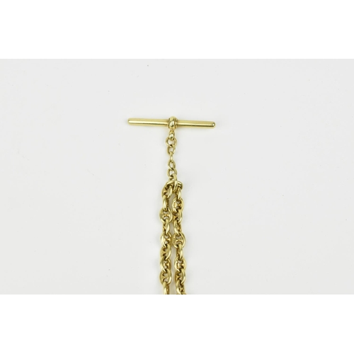 212 - A 18ct gold watch chain with T-bar. 49.30g