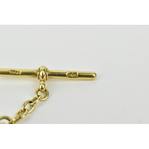 212 - A 18ct gold watch chain with T-bar. 49.30g