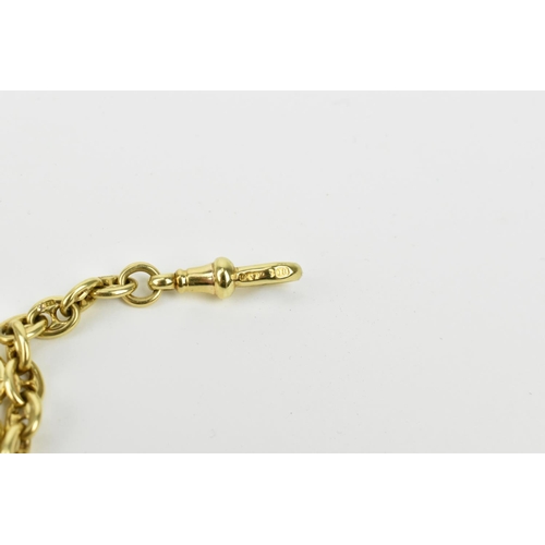 212 - A 18ct gold watch chain with T-bar. 49.30g