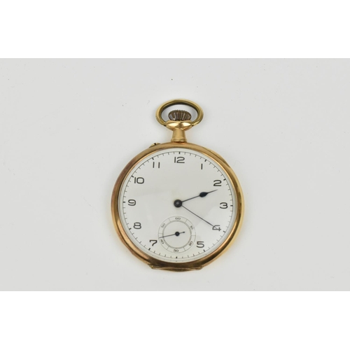 214 - A 14ct gold open face pocket watch with an unsigned white enamel dial having Arabic numerals and sub... 