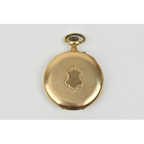 214 - A 14ct gold open face pocket watch with an unsigned white enamel dial having Arabic numerals and sub... 