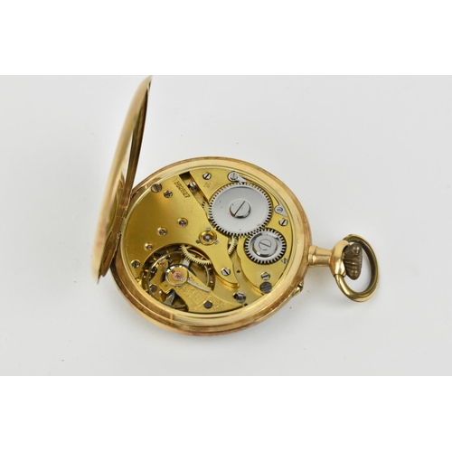 214 - A 14ct gold open face pocket watch with an unsigned white enamel dial having Arabic numerals and sub... 