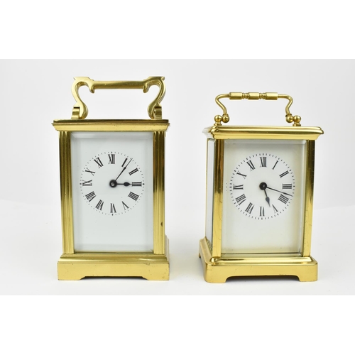 221 - A pair of brass cased carriage clocks with enamel dials and having Roman numerals. One stamped 1858,... 