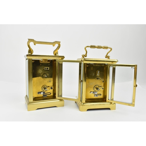 221 - A pair of brass cased carriage clocks with enamel dials and having Roman numerals. One stamped 1858,... 