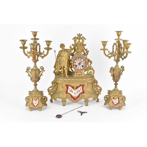 222 - A early 20th century three piece spelter and porcelain mantel clock set. Comprising, a central mante... 