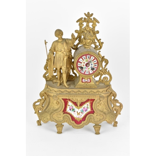 222 - A early 20th century three piece spelter and porcelain mantel clock set. Comprising, a central mante... 