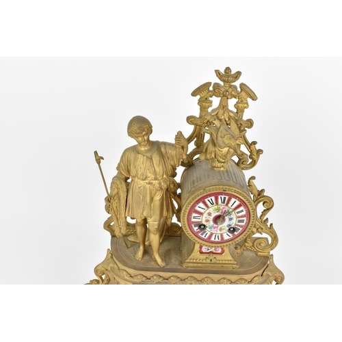 222 - A early 20th century three piece spelter and porcelain mantel clock set. Comprising, a central mante... 