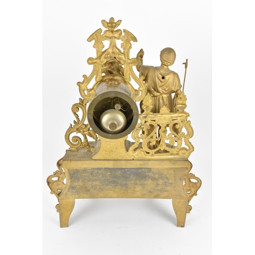 222 - A early 20th century three piece spelter and porcelain mantel clock set. Comprising, a central mante... 