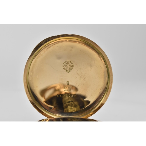 223 - A fine quality early 20th century Omega 14ct gold full hunter pocket watch. Inscribed to cuvette 