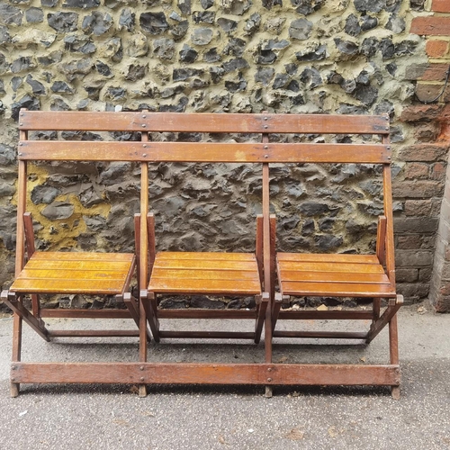 225 - Cowra Military Camp - A Second World War mahogany 3 seat folding campaign bench. Stamped to the back... 