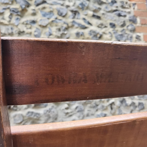 225 - Cowra Military Camp - A Second World War mahogany 3 seat folding campaign bench. Stamped to the back... 