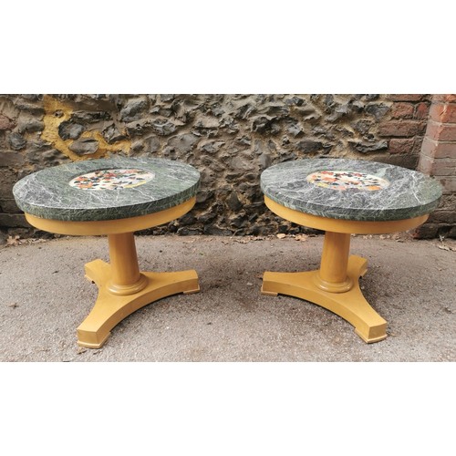 177 - A pair of hardstone, serpentine green marble and wood side tables, with circular marble tops centred... 