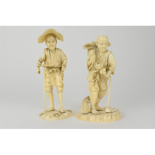 100 - Two Japanese Meiji period ivory Okimono, each of a farmer, one with a basket on his back and holding... 