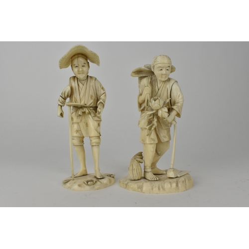 100 - Two Japanese Meiji period ivory Okimono, each of a farmer, one with a basket on his back and holding... 