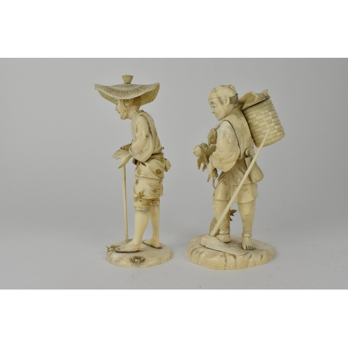 100 - Two Japanese Meiji period ivory Okimono, each of a farmer, one with a basket on his back and holding... 