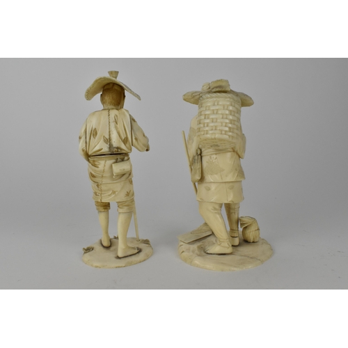 100 - Two Japanese Meiji period ivory Okimono, each of a farmer, one with a basket on his back and holding... 